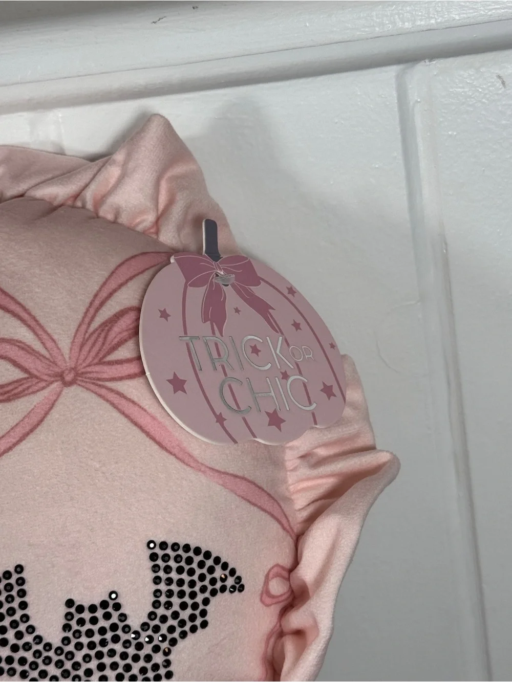 NEW Trick Or Chic Pink Heart with Bedazzled Bats Halloween Pillow